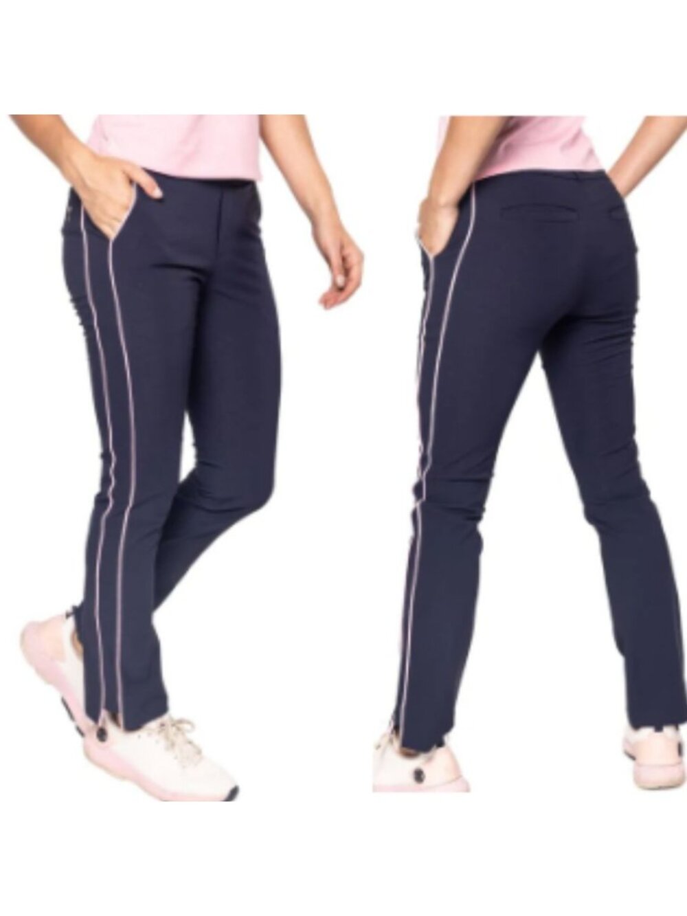 Golftini Golf Ankle Pants Womens Lg Navy Blue Pink Side Stripe Athletic Slim Fit